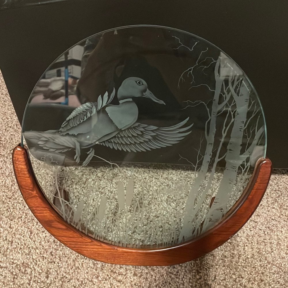 Signed 1990 Duck Etched Glass With Wood Base